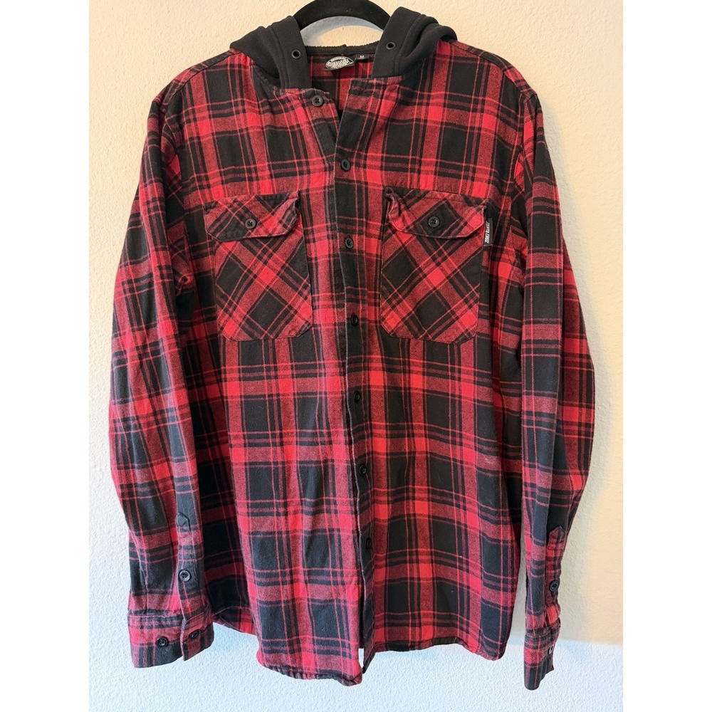 Santa Cruz‎ Men's Black And Red Plaid Flannel Hooded Button Up Size Medium
